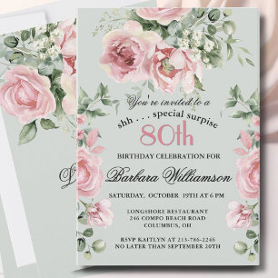 Invitación *SORPRESA Elegantes Rosas Pintadas Cumpleaños 80 F