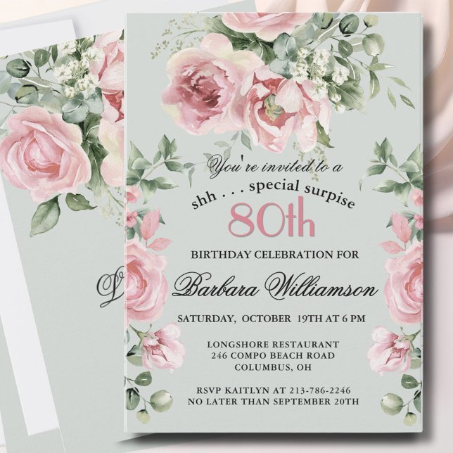 Invitación *SORPRESA Elegantes Rosas Pintadas Cumpleaños 80 F (Subido por el creador)