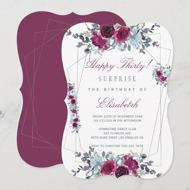 Invitación Sorpresa Feliz Treinta mujeres florales de 30 años (Anverso / Reverso)