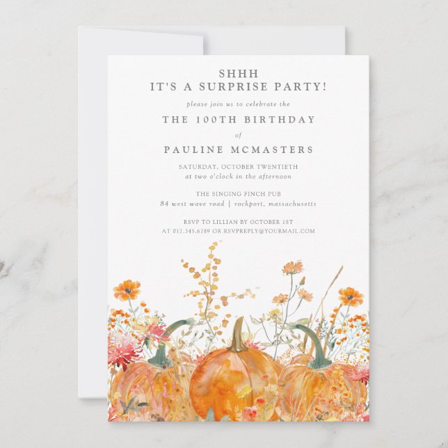 Invitación SORPRESA FIESTA 100.ª flor silvestre de calabaza d (Anverso)
