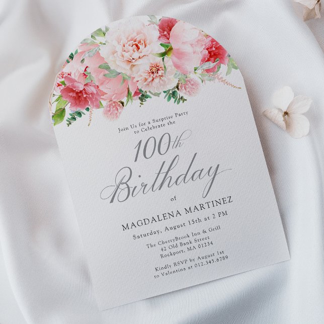 Invitación SORPRESA FIESTA 100 cumpleaños elegante Peonia ros (Subido por el creador)