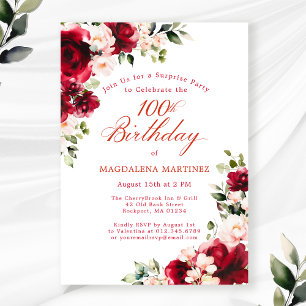 Invitación SORPRESA FIESTA 100 cumpleaños Floral rosa rojo