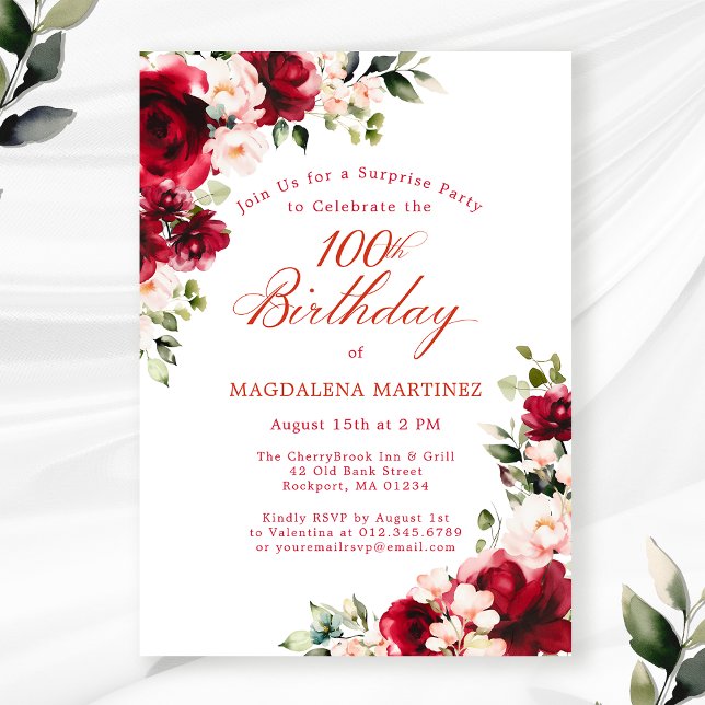 Invitación SORPRESA FIESTA 100 cumpleaños Floral rosa rojo (Subido por el creador)