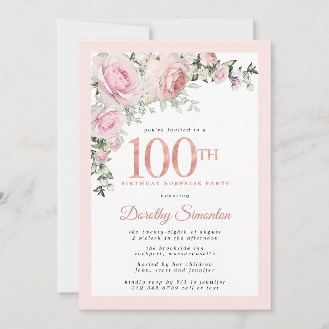 Invitación SORPRESA FIESTA 100 cumpleaños Rubor Floral rosa (Anverso)