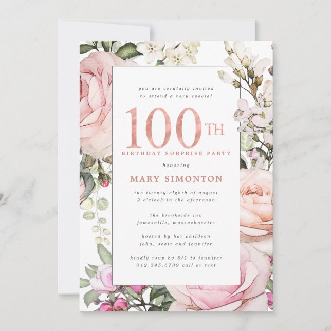 Invitación SORPRESA FIESTA 100 cumpleaños Rubor Floral rosa (Anverso)