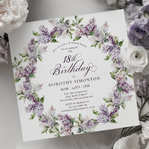 Invitación SORPRESA FIESTA 18 cumpleaños Morado Lilac Floral