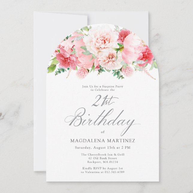 Invitación SORPRESA FIESTA 21 cumpleaños elegante Peonia rosa (Anverso)