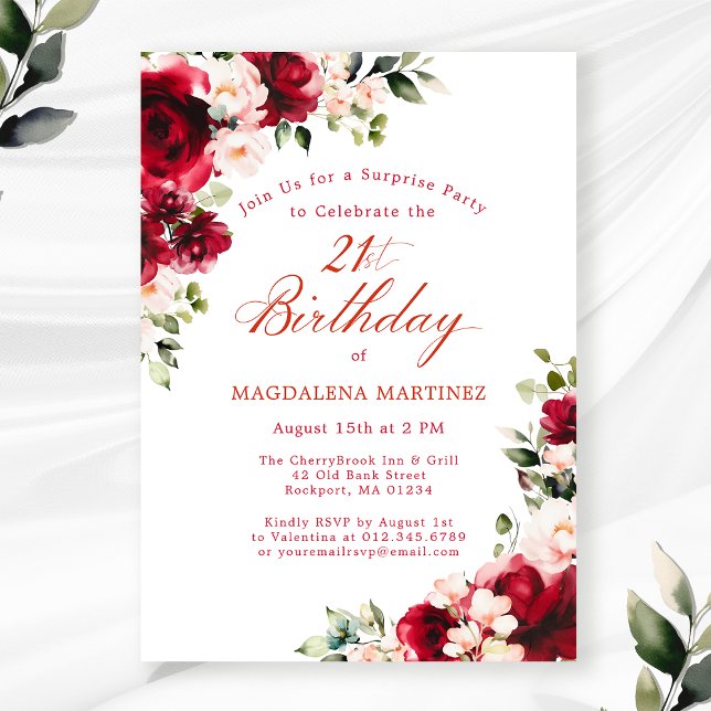 Invitación SORPRESA FIESTA 21 cumpleaños Floral rosa rojo (Subido por el creador)