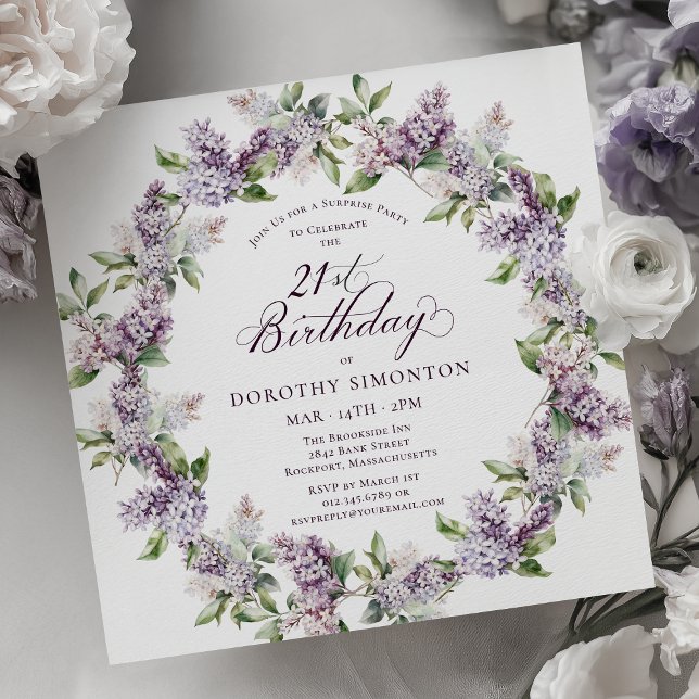 Invitación SORPRESA FIESTA 21 cumpleaños Morado Lilac Floral (Subido por el creador)