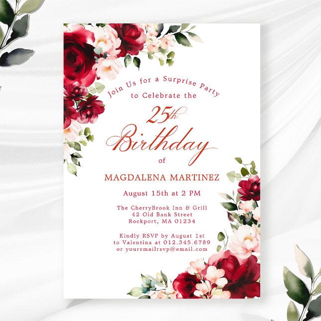 Invitación SORPRESA FIESTA 25 cumpleaños Floral rosa rojo (Subido por el creador)