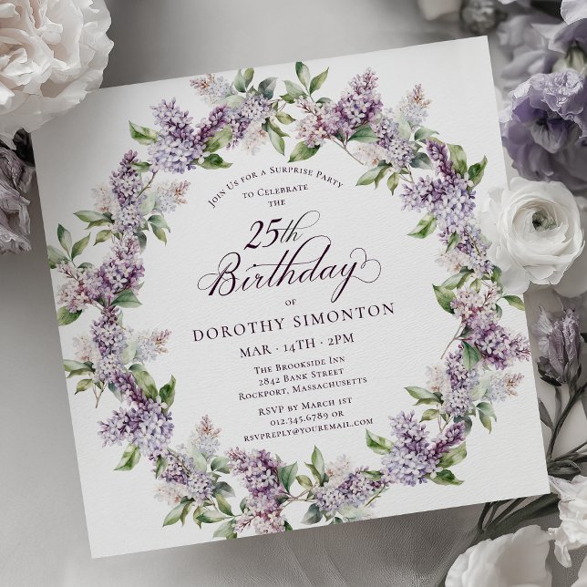 Invitación SORPRESA FIESTA 25 cumpleaños Morado Lilac Floral (Subido por el creador)