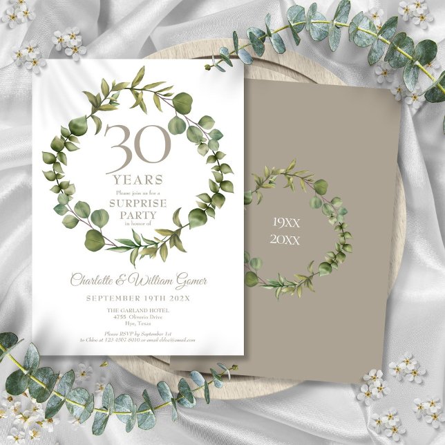 Invitación Sorpresa Fiesta 30º aniversario de la vegetación d (Surprise Party 30th Anniversary Woodland Greenery Invitation)