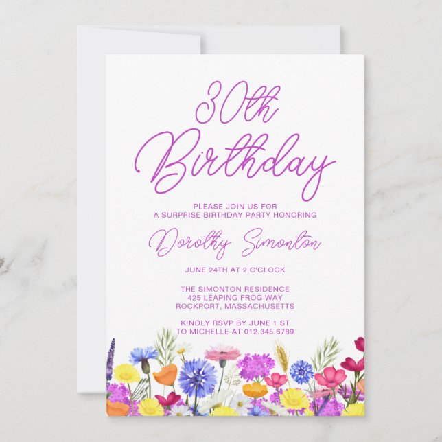 Invitación SORPRESA FIESTA 30 Aniversario Flor violeta púrpur (Anverso)