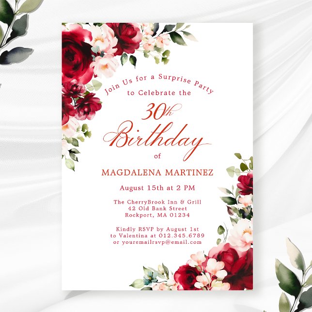 Invitación SORPRESA FIESTA 30 cumpleaños Floral rosa rojo (Subido por el creador)