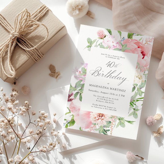 Invitación SORPRESA FIESTA 40 cumpleaños elegante Peonia rosa (Subido por el creador)