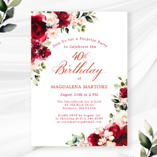 Invitación SORPRESA FIESTA 40 cumpleaños Floral rosa rojo