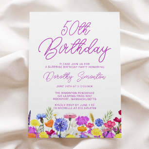 Invitación SORPRESA FIESTA 50 Aniversario Flor violeta púrpur