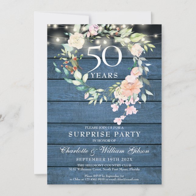 Invitación Sorpresa Fiesta 50° Aniversario Floral Rústica (Anverso)