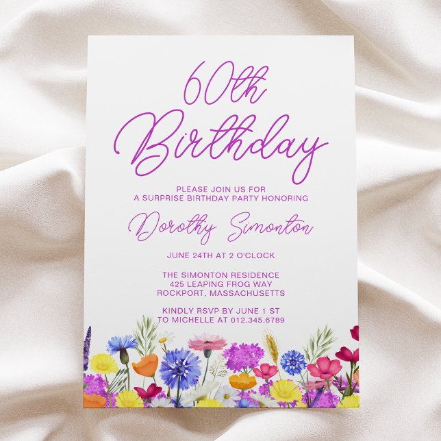 Invitación SORPRESA FIESTA 60 Aniversario Flor violeta púrpur (Subido por el creador)