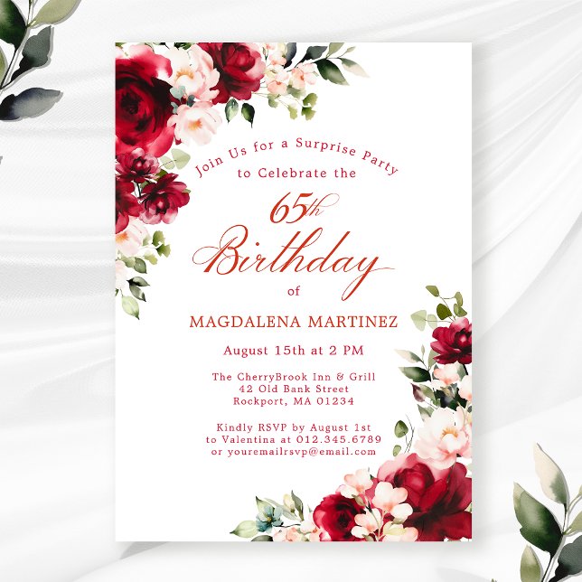Invitación SORPRESA FIESTA 65º cumpleaños Floral rosa rojo (Subido por el creador)