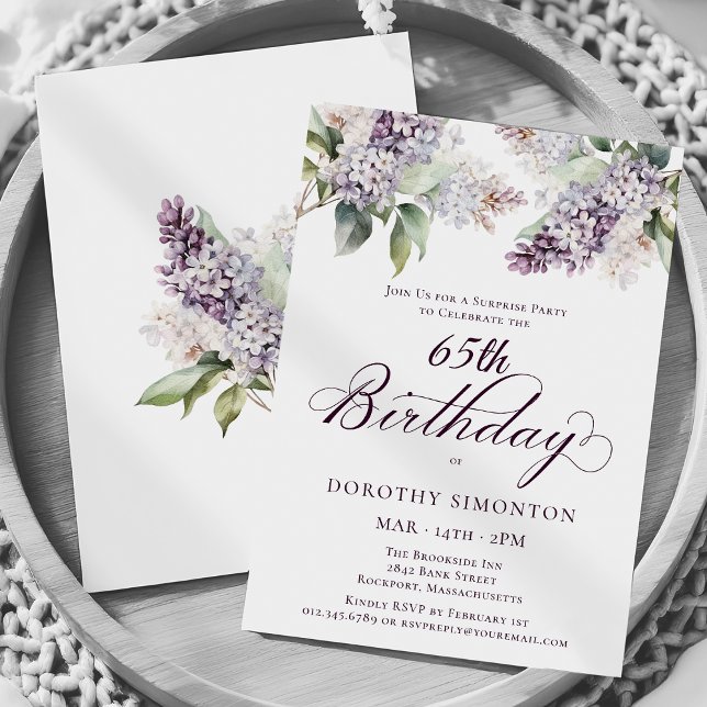 Invitación SORPRESA FIESTA 65º cumpleaños Morado Lilac Floral (Subido por el creador)