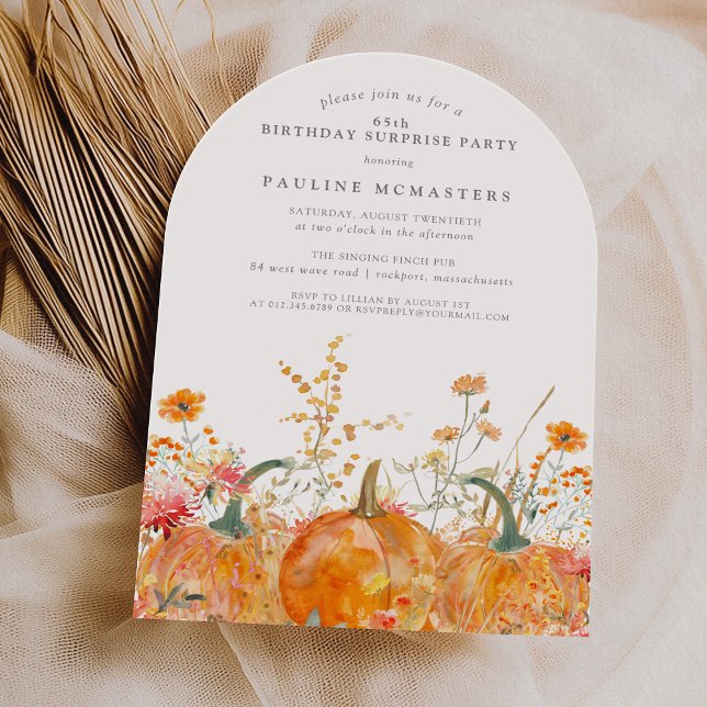 Invitación SORPRESA FIESTA 65º Nacimiento Calabaza Flor silve (Subido por el creador)