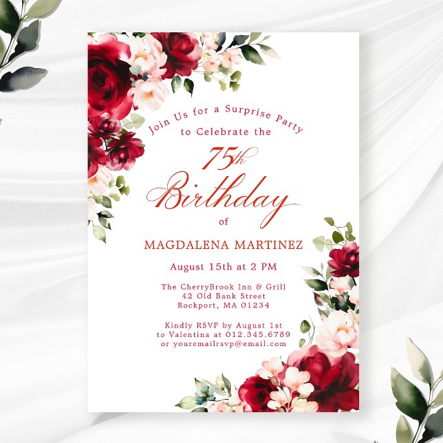 Invitación SORPRESA FIESTA 75 cumpleaños Floral rosa rojo (Subido por el creador)