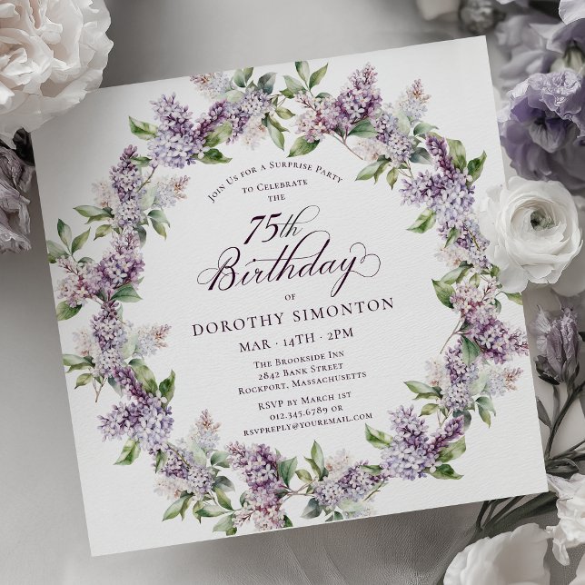 Invitación SORPRESA FIESTA 75 cumpleaños Morado Lilac Floral (Subido por el creador)