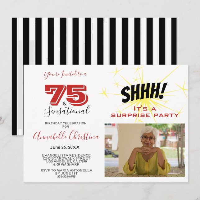 Invitación SORPRESA FIESTA 75 y SENSACIONAL 75º cumpleaños (Anverso / Reverso)