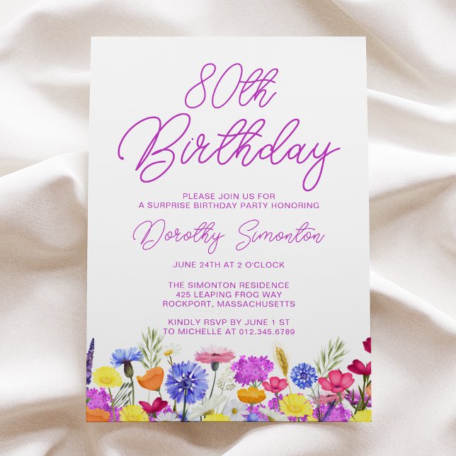 Invitación SORPRESA FIESTA 80 Aniversario Flor violeta púrpur (Subido por el creador)