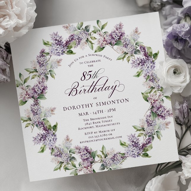 Invitación SORPRESA FIESTA 85 cumpleaños Morado Lilac Floral (Subido por el creador)