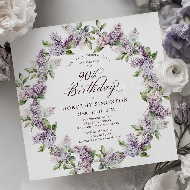 Invitación SORPRESA FIESTA 90 cumpleaños Morado Lilac Floral (Subido por el creador)