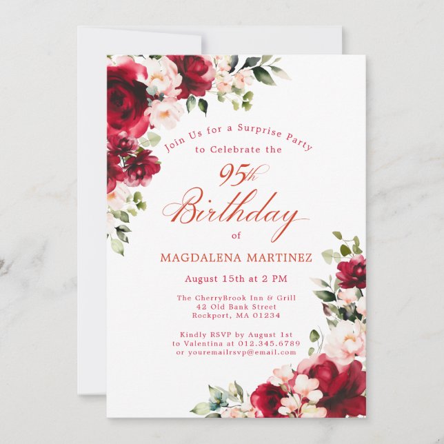 Invitación SORPRESA FIESTA 95º cumpleaños Rosa Rojo Peony (Anverso)