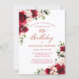 Invitación SORPRESA FIESTA 95º cumpleaños Rosa Rojo Peony