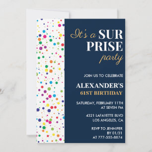 Invitación Sorpresa fiesta Confetti Navy azul 61 cumpleaños