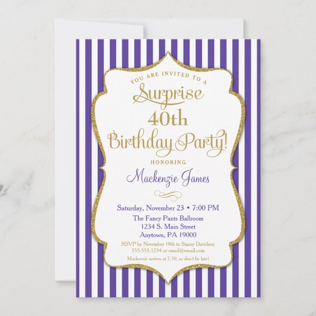 Invitación Sorpresa Fiesta Cumpleaños Purple Gold Elegante (Anverso)