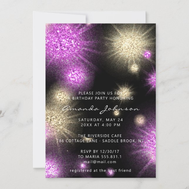 Invitación Sorpresa fiesta de cumpleaños dulce 16Purpurinas d (Anverso)
