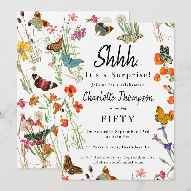 Invitación Sorpresa  Fiesta de Cumpleaños Flores Silvestres M (Anverso / Reverso)
