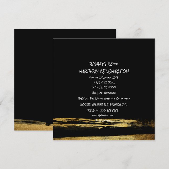 Invitación Sorpresa fiesta de cumpleaños Golden Black Brushes (Anverso / Reverso)