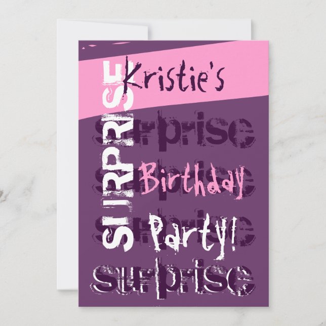 Invitación SORPRESA Fiesta de cumpleaños morado y rosa (Anverso)