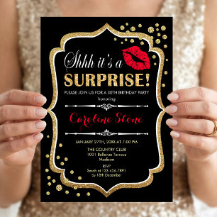 Invitación Sorpresa Fiesta de Cumpleaños - Negro Rojo Dorado