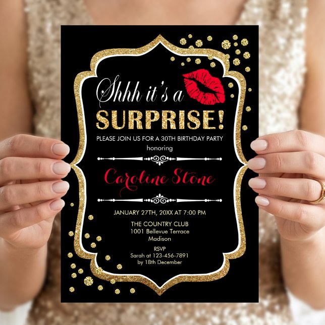 Invitación Sorpresa Fiesta de Cumpleaños - Negro Rojo Dorado (Subido por el creador)