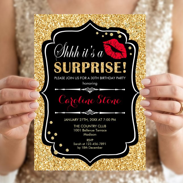 Invitación Sorpresa Fiesta de Cumpleaños - Negro Rojo Dorado (Subido por el creador)