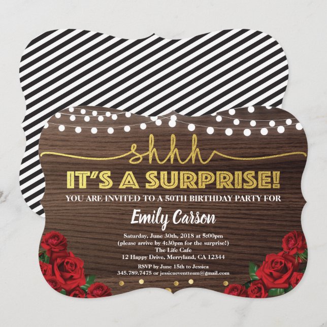 Invitación Sorpresa fiesta de cumpleaños número 50 de oro y r (Anverso / Reverso)