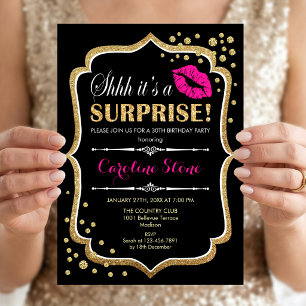Invitación Sorpresa Fiesta de Cumpleaños - Rosa Negro Dorado