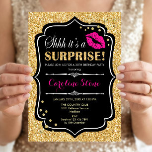 Invitación Sorpresa Fiesta de Cumpleaños - Rosa Negro Dorado