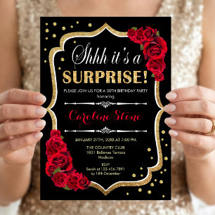 Invitación Sorpresa Fiesta de Cumpleaños - Rosas Rojas Oro Ne