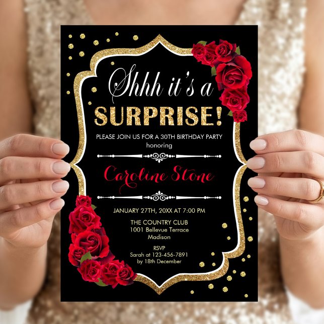 Invitación Sorpresa Fiesta de Cumpleaños - Rosas Rojas Oro Ne (Subido por el creador)