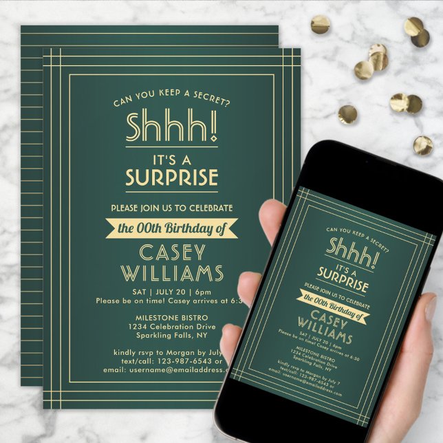 Invitación ¡Sorpresa fiesta de cumpleaños Shhh! Elegante Verd (Subido por el creador)