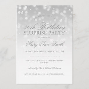 Invitación Sorpresa fiesta de cumpleaños Silver Bokeh con luz